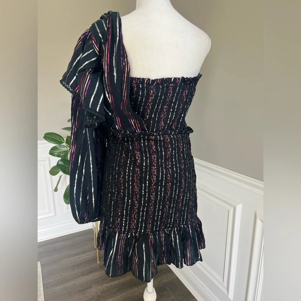 FARM RIO Lurex Stripes One-shoulder Mini Dress in Black M - Picture 6 of 11